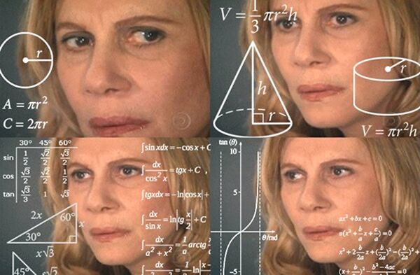 une femme perplexe entourée d'équations mathématiques