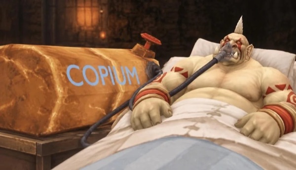 un ogre de world of warcraft alité, un masque à oxygène relié à une bonbonne marquée copium